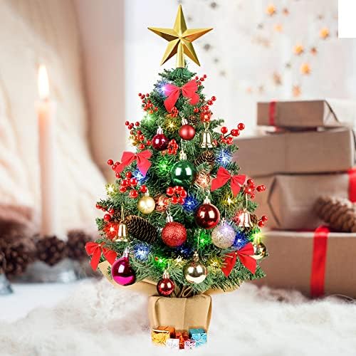 Gudelak 24 “עץ חג המולד מיני עם אורות וקישוטים, עיצוב עץ חג המולד קטן מלא מלאכותי עם כדורי חג המולד, 4 אורות צבע,