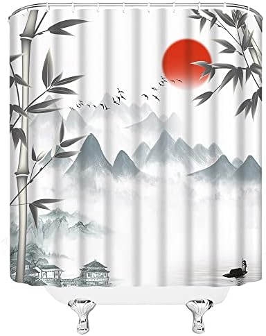 Zruwua יפני וילון מקלחת במבוק אסייתי במבוק שחור השמש אדום השמש אדומה תקציר ציור דיו מסורתי צביעת טבע מזרחית סינית