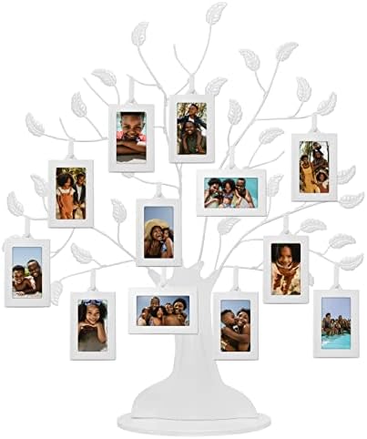 עץ משפחה לבן אמריקאי עם 12 מסגרות תמונה לבנות 2x3 תלויות וגדילי סרט מתכווננים - 22 , מתכת