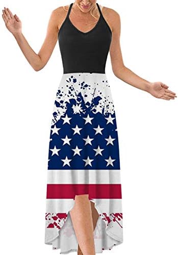 4 יולי מקסי שמלה לנשים קיץ מקרית בוהו שמלת ארה ב דגל קאמי שרוולים סקופ צוואר כוכבים פסים שמלות קיץ