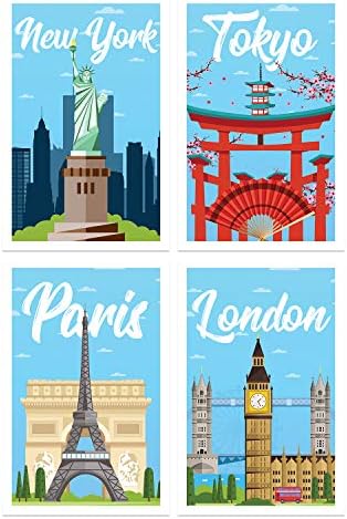 כרזות נסיעות של Damdekoli, סט של 4, 11x17 אינץ ', עיצוב דפוס אמנות קיר, ניו יורק, לונדון, טוקיו, פריז
