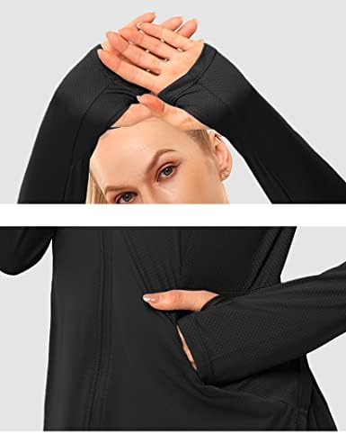 Gymsmart נשים UPF 50+ שרוול ארוך חולצות ברדס משקל קל מעיל הגנה מפני טיולים עם כיסי רוכסן
