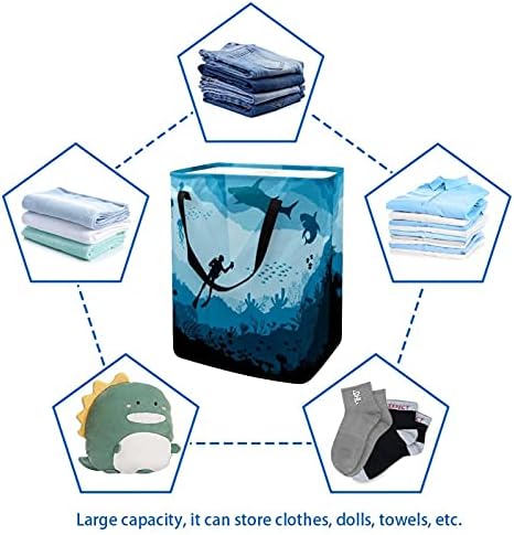 כרישים כחולים מתחת למים 60 ליטר סל כביסה עצמאי מתקפל שקיות כביסה סל בגדים גדולות עם ידיות לצעצועי בגדים