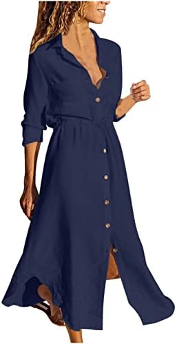 שמלת חולצה מזדמנת של נשים רופפת כושר V צוואר חולצה ארוכה חולצות בצבע אחיד כפתור מטה מפיצול חולצות שרוול ארוך