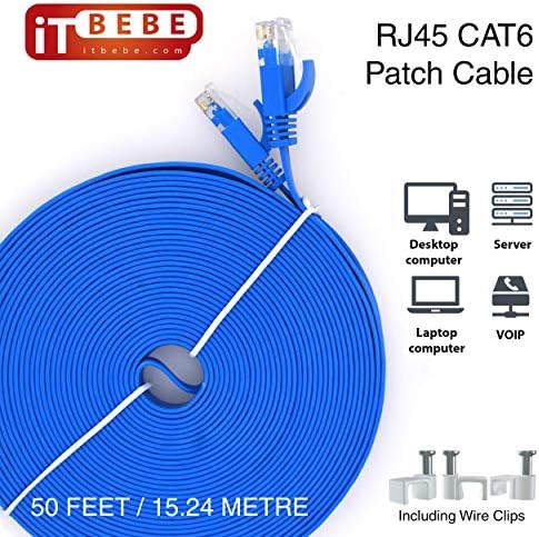 ITBEBE CAT6 כבל Ethernet 50 רגל, כחול-חוט אינטרנט שטוח עם 3 מחברי RJ45 מצופים זהב מיקרון וקליפים מוגנים נגד SNAG-מהירויות