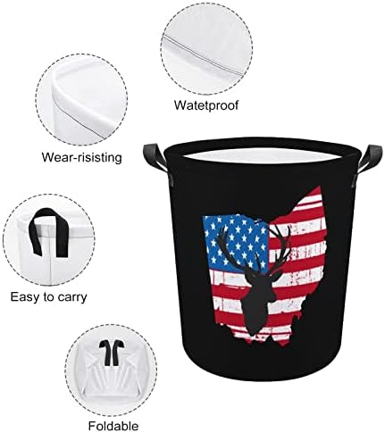 אמריקאי דגל אוהיו צבי ציד כביסה סל עם ידיות עגול מתקפל כביסת אחסון סל לחדר שינה אמבטיה