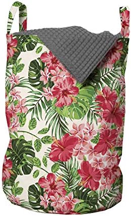שקית כביסה פרחונית, פרחים בוטניים טרופיים עלים אייבי איילנד הוואי תמונה, סל סל עם ידיות סגירת שרוך למכבסות, 13 איקס 19,