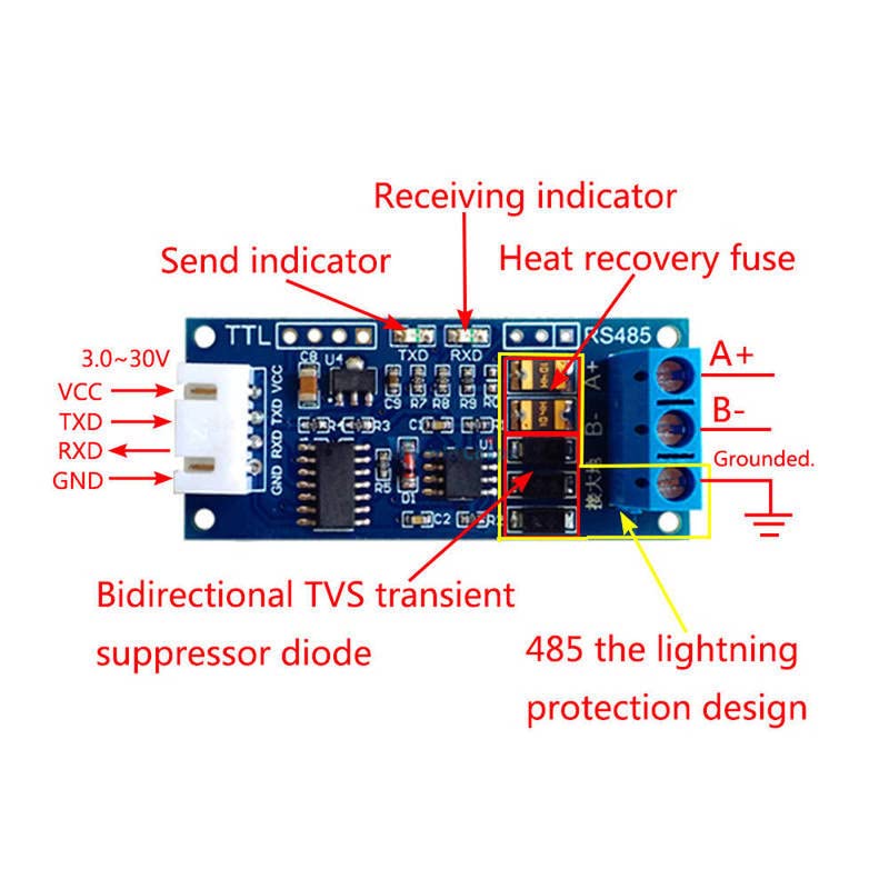 TTL ל- RS485 Converter Board Converter Board 3.3V 5V חומרה מודול בקרה אוטומטית למודול Arduino AVR Wide מתח יחיד מחוון