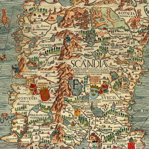 מפת ים של סקנדינביה מאת אולאוס מגנוס בשנים 1527-39. קרטה מרינה. שוודיה, דנמרק, נורבגיה, איסלנד ופינלנד. הדפסה חוזרת עתיקה