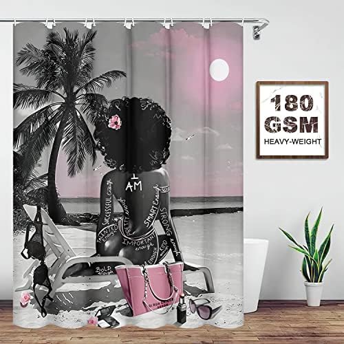 טייקשה אפרו -אמריקני וילון מקלחת אופנה ילדה שחורה וילון עץ דקל טרופי וילון מקלחת אטום מים עמיד למים קישוט אמבטיה 72 x 72