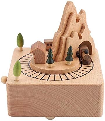 קופסת מוזיקה מעץ, קופסה מוזיקלית וינטג 'המציגה מנהרת הרים עם מיני רכבת מגנטית זזות מנגנת מוזיקה לקישוט הבית