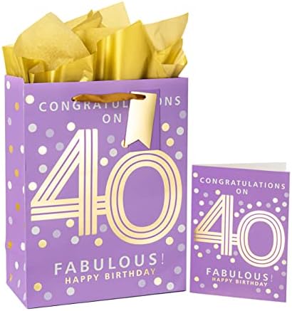 מייפלוס 13 שקית מתנה גדולה עם כרטיס ברכה ונייר טישו למסיבת יום הולדת 40-עיצוב רדיד זהב סגול