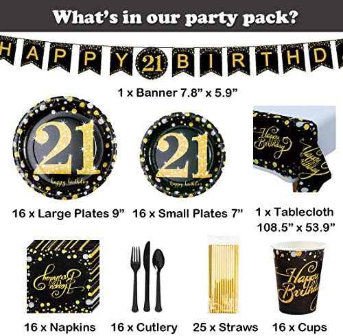 21 יום הולדת ספקי צד סט-16 אורחים - שחור וזהב חד פעמי כלי שולחן ערכת, 21 שנים יום הולדת קישוטים, כולל נייר צלחות, 12