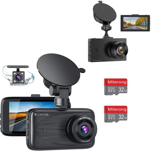 Milerong 2 Caine Cam עם 2 כרטיסי SD של 32GB, Cain Dash Flont ומאחור עם ראיית לילה, Mini 1080p FHD DASH מצלמה למכוניות, חיישן