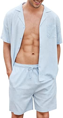 חולצות פשתן לגברים קואופנדי כפתור שרוול קצר חוף חוף הוואי 2 חלקים קצרים