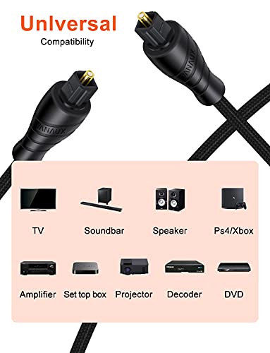 Vanaux Digital Optical Audio Cable Digital Toslink זכר לזכר כבלים סיבים אופטיים תואמים לקולנוע ביתי, סרגל סאונד, טלוויזיות/מגברים/מערכות