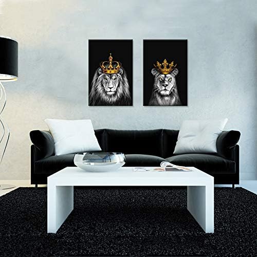 ihappywall 2 יצירות סט אריה ואומנות קיר קיר בור אריה שחור לבן עם זהב קראון קינג.