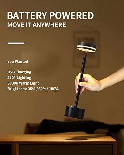 PUSU מנורת שולחן ניידת סוללה מנורת LED מופעלת מנורת שולחן אלחוטי אורות בהירות 3 בקרת מגע, למסעדת חדר בית חדר בית חדר שינה