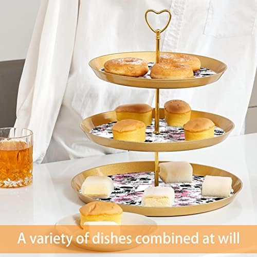 עמדת עוגות סט 3 דוכני קאפקייקס שכבה פלטת מאפה לשימוש חוזר לקישוטים למסיבות תה יום הולדת, רטרו גולגולת פרחים ורודה