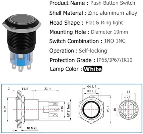 19 ממ נטייה לחצן כפתור מתגי SPDT ON/כיבוי אטום למים מתכת שחורה 12 וולט טבעת LED עם תקע תיל