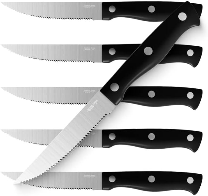 יסואה סטייק סכין סט, משונן סטייק סכיני סט של 6, מלא טאנג גרמנית נירוסטה סטייק סכינים, שחור