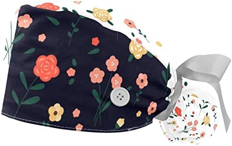 כובע העבודה המתכוונן של נשים 2 PCS עם כפתורים ופס זיעה אחד בגודל אחד פרחוני לבן לבן ושחור