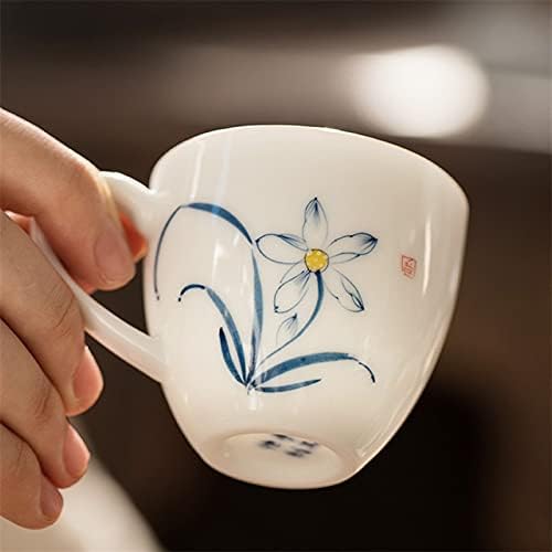 קרמיקה קרמיקה מצוירת כוס תה אמן לוטוס עם ידית חרסינה לבנה כוס תה פשוט ספל סיני ספל משרדי משרד כלי שתייה