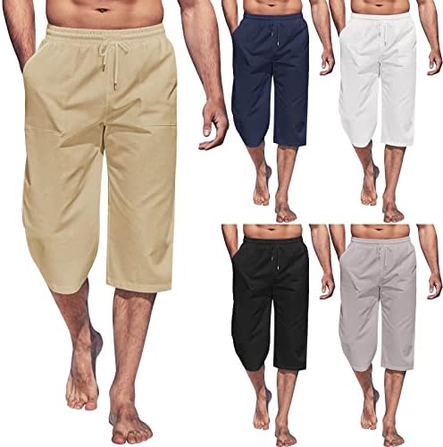 מכנסי פשתן כותנה של Usecee לגברים מכנסי קפרי הרם שרוך מותניים אלסטיים מכנסי טרקלין חוף יוגה עם כיסים