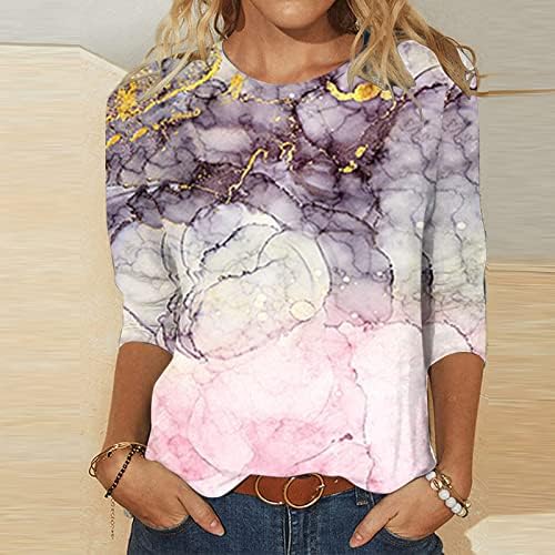 קיץ חולצה לנשים טרנדי שיש דפוס מודפס חולצות מתגנדר מזדמן 3/4 שרוול חולצות רופף בכושר סוודר חולצה סגול