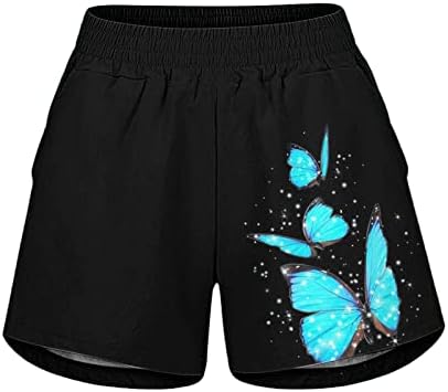 מכנסיים קצרים מזדמנים של Xiaobu לנשים בקיץ מותניים אלסטיות מכנסיים קצרים בכיס פרפר הדפס מכנסיים קצרים נוחים