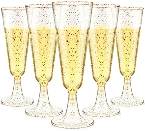 GERRII 200 יח 'זהב נצנצים פלסטיק חלילי שמפניה בתפזורת 4.5 גרם חלילי שמפניה חד פעמיים משקפי שמפניה ברורים לחתונה