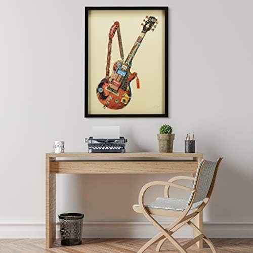 אימפריה אמנות ישירה לגיטרה חשמלית קולאז 'ממדי בעבודת יד מאת אלכס זנג ממוסגר מוסיקה גרפית אמנות קיר מוכנה לתלייה, 33 x 25 x
