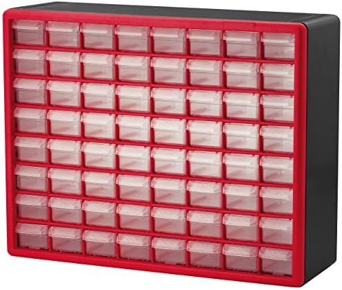 Akro-Mils 10164, 64 מגירות חלקי פלסטיק אחסון חומרה וארון מלאכה, 20 אינץ 'W x 6 אינץ' D x x 16 אינץ ', אדום