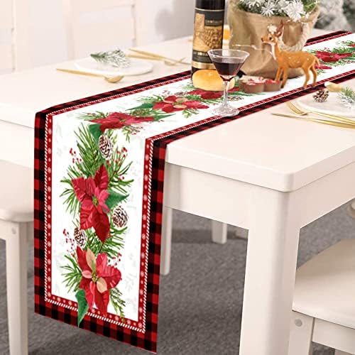 רצים שולחן חג המולד 72 אינץ ', רץ שולחן יוטה עם משובץ באפלו אדום, קישוט שולחן חג המולד,