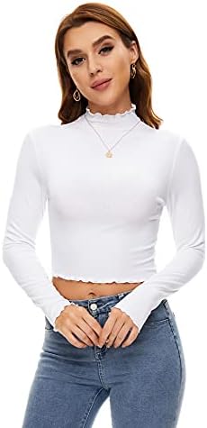 חולצת שרוול ארוך של נשים מצוללות חסה חסה צוואר חסה יבול יבול