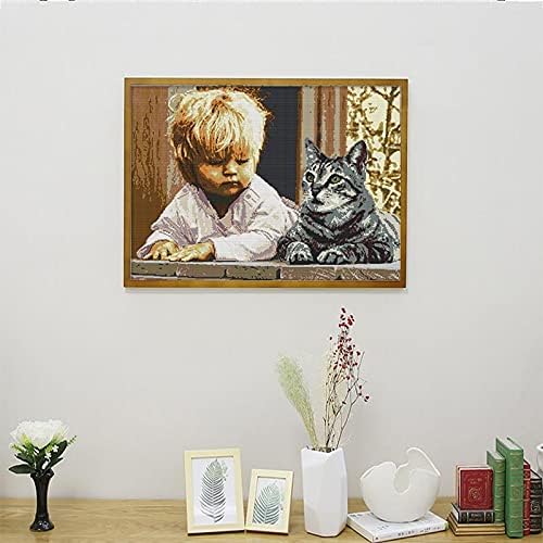 זידיפ ילד קטן וחתול הדפסת רקמת צלב תפר דפוס ערכת 11 קראט 14 קראט רקמה מלאכות עיצוב הבית ציור