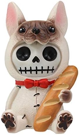 אברוס בולדוג צרפתי עצמות פרוותיות עם לחם באגט ופסלון עניבת פרפר אדום 3 שלד פרוותי גבוה פסל אספני גולגול כלב גולגולת פסל ליל