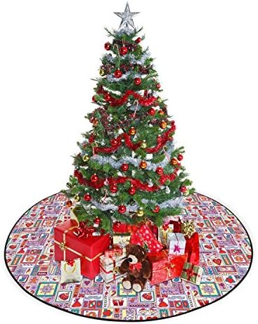 חצאית עץ דקורטיבית של Ambesonne חג המולד, דפוס ראש השנה עם פעמונים עץ חג המולד ממתקים נרות הדרים מצויר של פתיתי שלג, קישוט מפלגת
