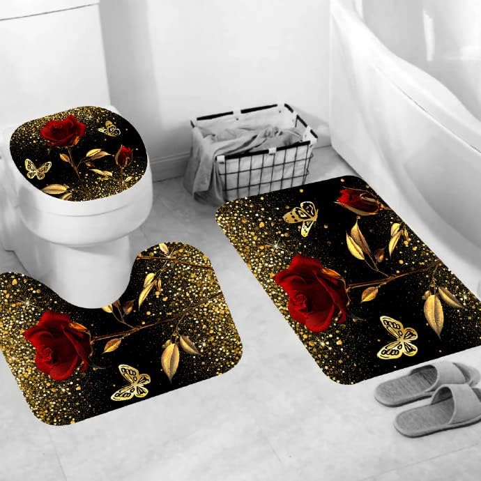 Rinrinfam 4 pcs סט וילון מקלחת ורדים זהב, כוכב זהב ניצוץ וילון פרפר עם שטיח לא החלקה, כיסוי מכסה אסלה, מחצלת