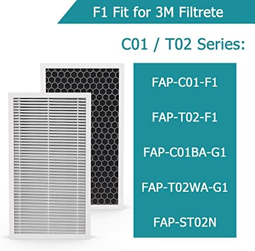 F1 פילטר 2 חבילות, 2-in-1 פעילות גרגרית פחמן + H13 החלפת HEPA אמיתית תואמת לסילטר 3M C01 T02 מטהר אוויר, מסנן הסרת ריח, 2 חבילה