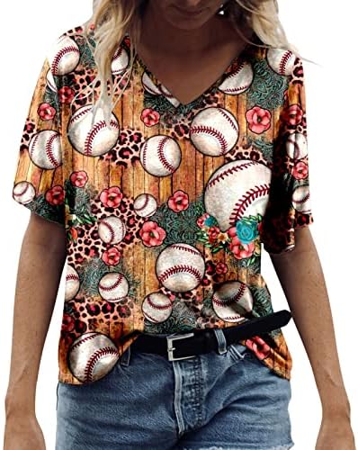 חולצת נשים ארוכה נשים מזדמנות V צוואר בייסבול מצחיק בכל רחבי הדפס חולצת טי קצרה עם חולצת אימון רגילה