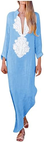 שמלת Tifzhadiao Maxi לנשים שרוול ארוך עמוק v צוואר שמלות ארוכות מזדמנים שמלת פשתן כותנה טרנדית שמלת קיץ שמלה