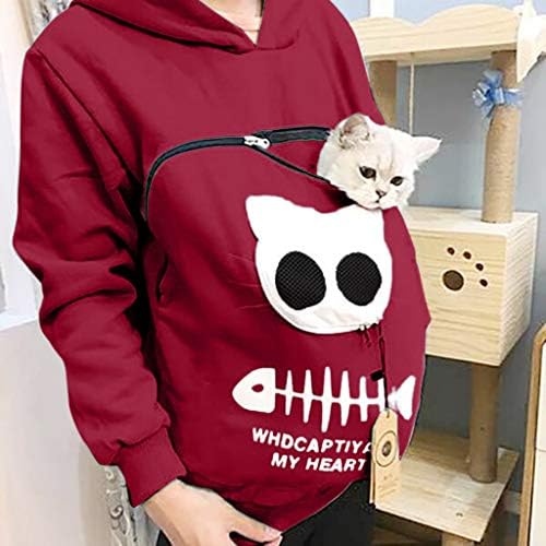גדול גרפי סווטשירט לנשים, נשים של סווטשירט בעלי החיים פאוץ הוד חולצות לשאת חתול לנשימה סוודר חולצה