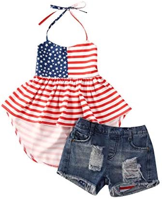 בולינגנה ילדים פעוט תינוקת תלבושת רביעית ביולי, ארהב דגל שמלה עליונה + שמלת בגדי קיץ מכנסיים קצרים