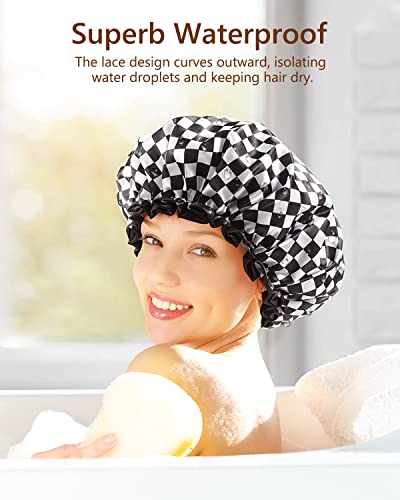 כובע מקלחת גדול מיקימיני לנשים שיער ארוך, לשימוש חוזר, שכבות כפולות כובע מקלחת רחצה גדול עמיד למים עם בטנת פווה רכה