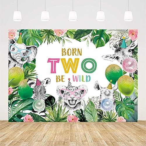 Aibiin 7x5ft נולד שניים להיות תפאורה פראית לילד שמח יום הולדת שני צילום רקע רקע ג'ונגל ספארי חיות יער עלים טרופיים בלון