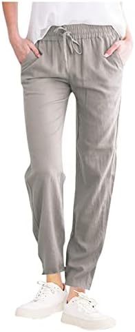 Bakgeerle נשים כותנה פשתן כיס טרקלין ארוך מכנסיים קיץ אלסטי מותניים גבוהים שרוך מכנסי טרנינג מכנסי רגל רחבים מוצקים