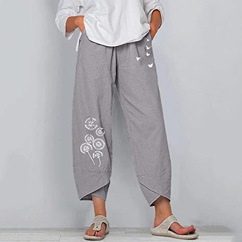 מכנסי פשתן משוררים נשים והדפס אופנה רופפת פשתן פשתן רגל רחבה מכנסי יבול אלסטיים מותניים
