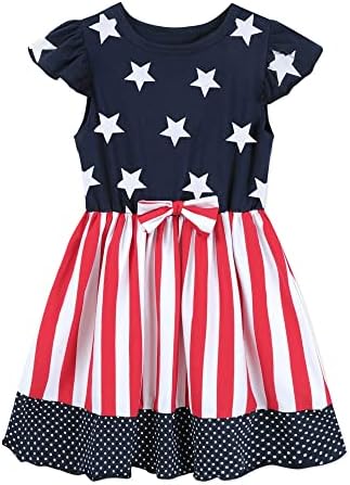 יד קטנה בנות 4 ביולי שמלת אמריקאי דגל חצאית ילדים פטריוטית בגדי פס שרוולים טנק שמלות 2-8 שנים