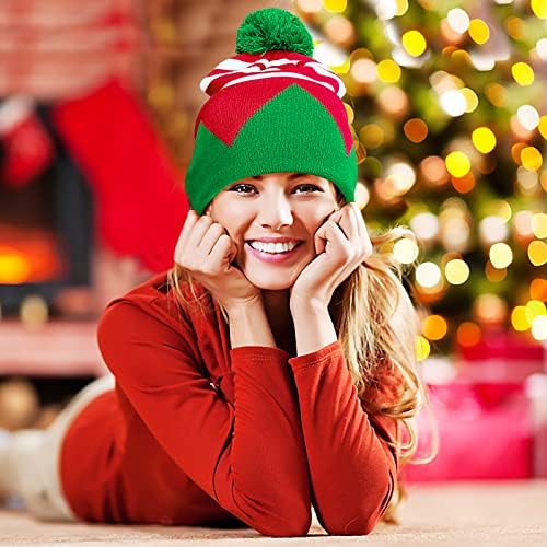 חג המולד שדון סרוג כובע למבוגרים לסרוג סנטה כובעי חג המולד המפלגה כובע חורף כפת כובע אדום לבן פסים עם ירוק פום כדור חדש שנה